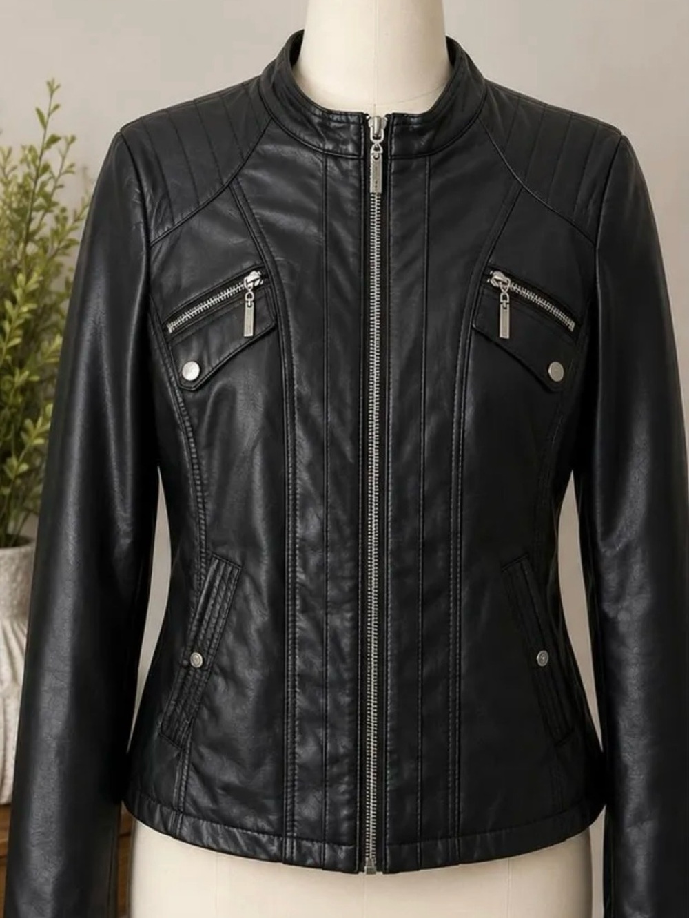 Women’s Black Faux Leather Zip-Up Moto Jacket